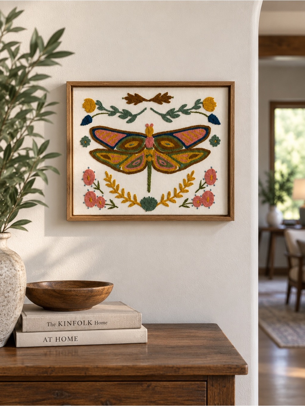 Vintage 1970s Crewel Embroidery Dragonfly Wall Art Framed Folk Art Cottagecore